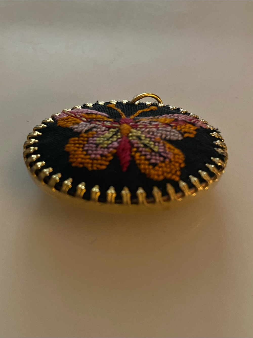 Embroidered Butterfly Brooch in Black with Multicolor Stitching - Picture 2 of 3